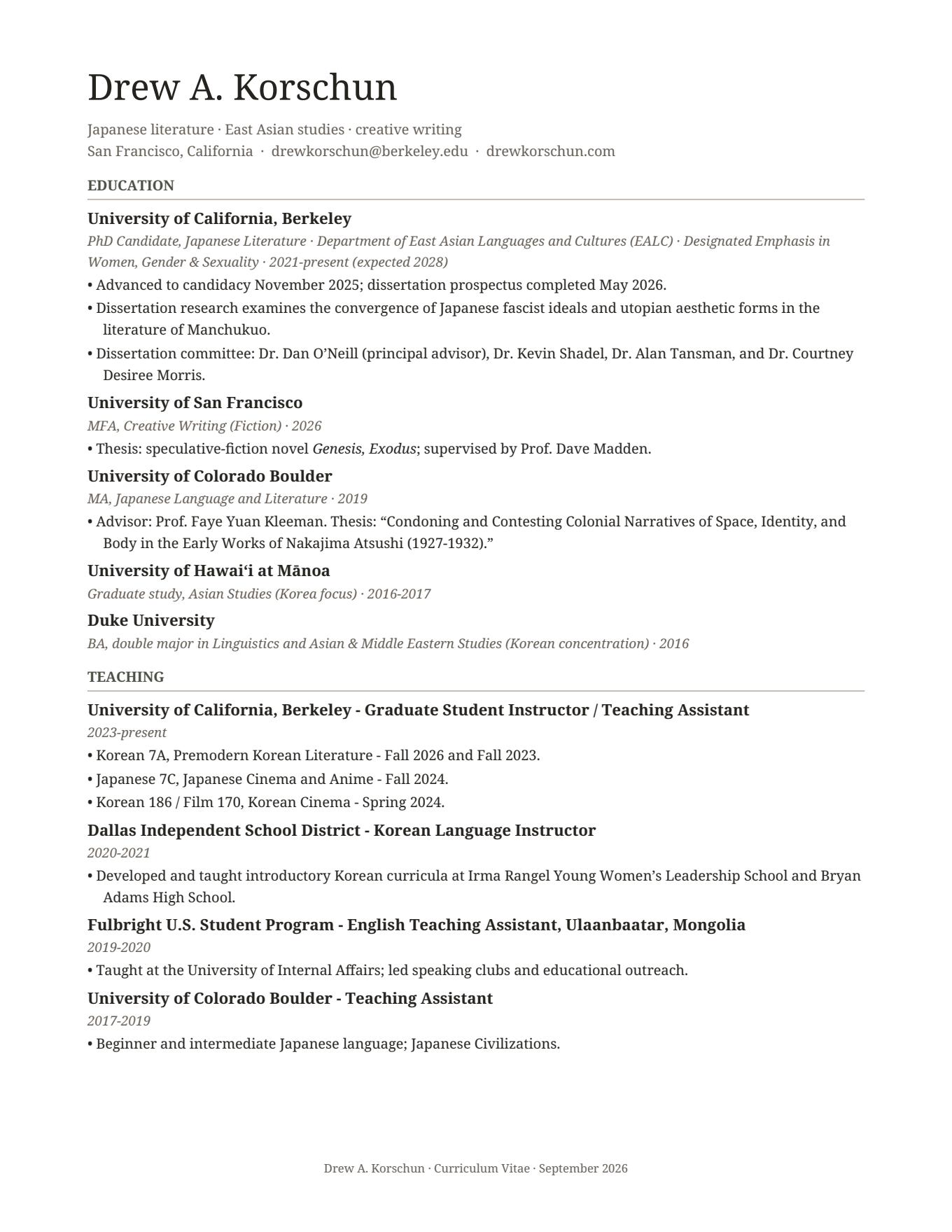 Preview of the first page of Drew Korschun’s Fall 2026 academic CV